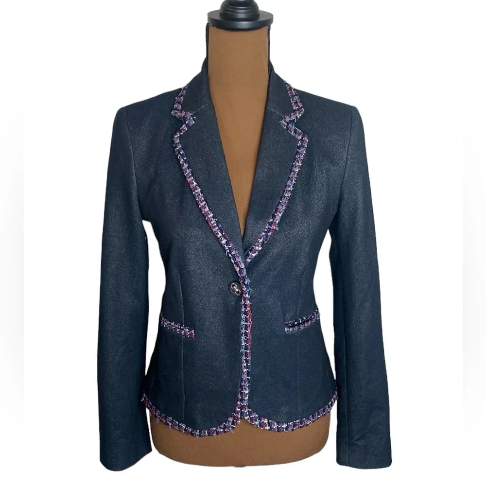 7th Avenue New York & Co denim like tweed ribbon trimmed tailored blazer size S